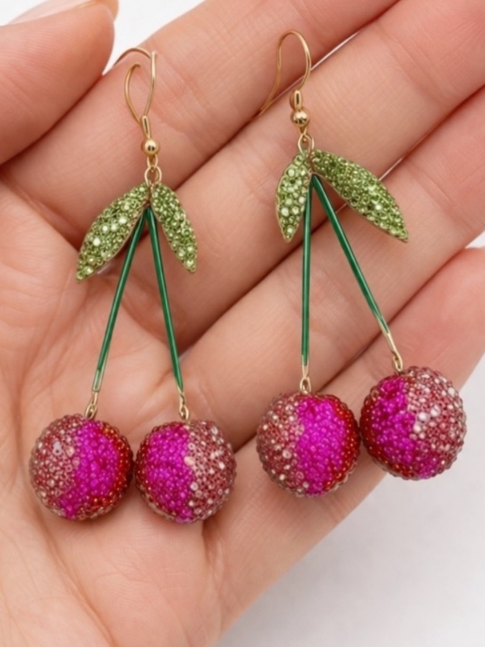 Piper K Rhinestone Glass Cherry Drop Dangle Earrings Bright Pink Green Gold
N - Picture 4 of 6